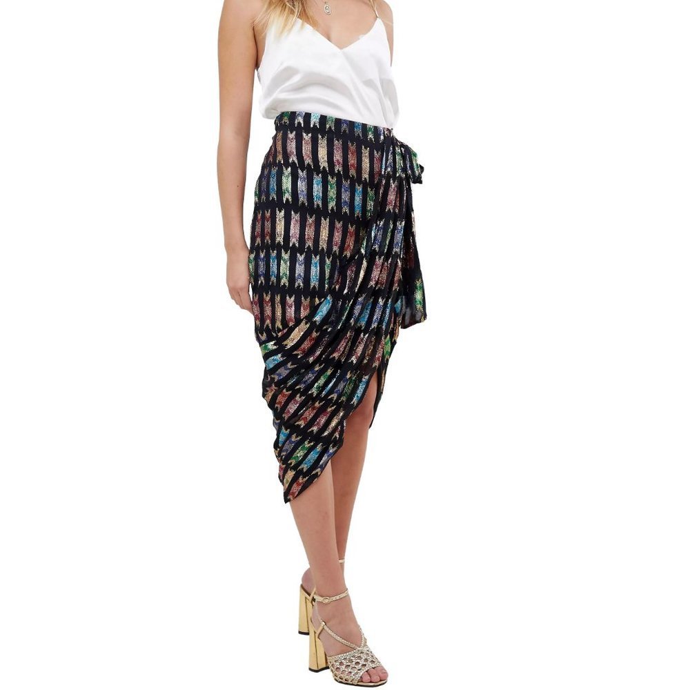 ASOS metallic rainbow jacquard wrap midi skirt